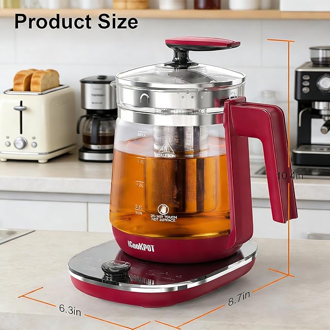 1200w Electric Kettle, 1.5L Borosilicate Glass tea kettle, Hot water kettle electric for Coffee or Tea, BPA Free, Auto Shut-Off, Stainless Steel, Fast Boil, Red