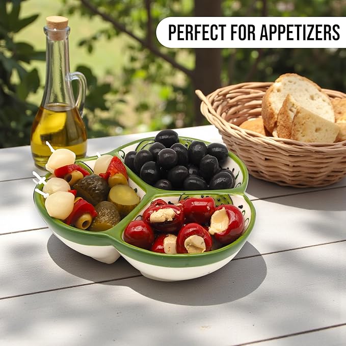Ceramic Chip & Dip Bowl 7.5”, 3-Compartment Divided Serving Dish & Condiment Tray for Appetizers – Handmade in Spain, Lead-Free Glaze, Microwave, Oven & Dishwasher Safe