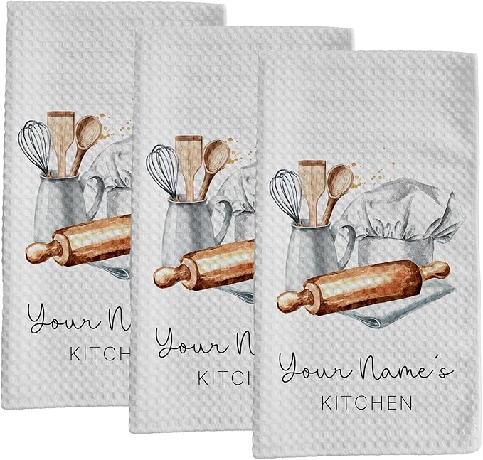 Personalized Kitchen Towel | Custom Tea Towel | Watercolor Utensil Dish Towel | Kitchen Decor | Hand Towel Gift Set | Waffle Weave Dishcloth (Pack of 3 Towels, Design 3)