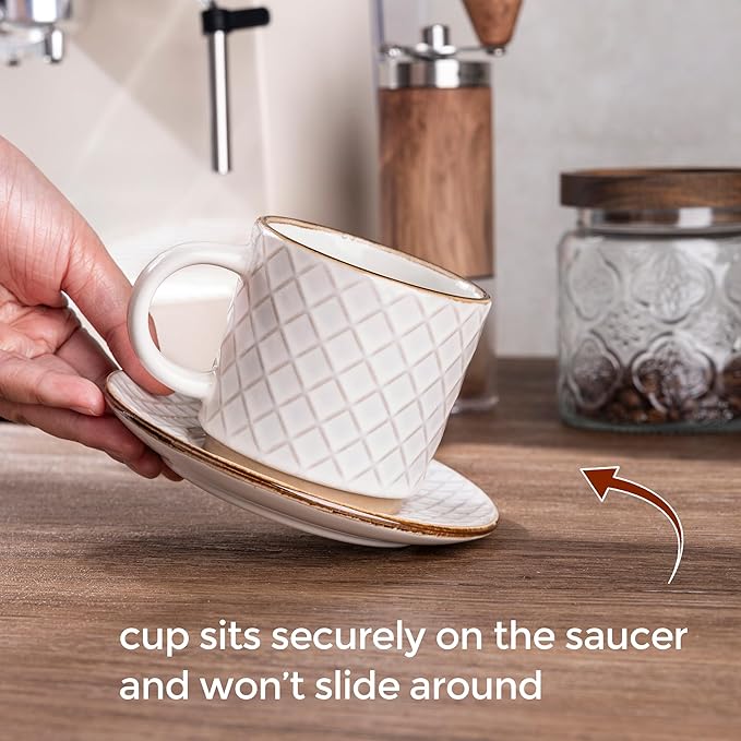 GBhome 6OZ Stackable Coffee Mugs with Stand and Saucer, Ceramic Coffee Mugs Set of 4 with Texture Patterns for Man,Woman,Dad,Mom, Modern Coffee Cups for Latte/Espresso. Dishwasher&Microwave Safe