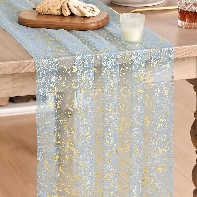 Artoid Mode Gold Gauze Light Blue Table Runner 120 Inch 10FT, Glitter Metallic Foil Sheer Dining Wedding Anniversary Holiday Birthday Table Decor for Home Party