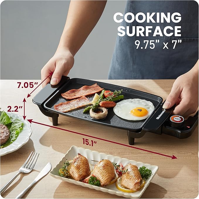 Elite Gourmet EGR8152 Electric 9.75" x 7" Personal Compact Griddle, Cool-touch Handles Non-Stick Surface, Removable/Adjustable Thermostat, Black