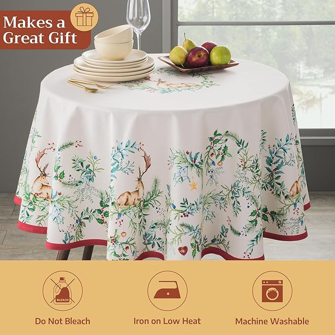 Maison d' Hermine Table Cloth Round Table 100% Cotton 63 Inches Fall Tablecloth Reusable Everyday Use for Thanksgiving Christmas Decorations Dining Farmhouse Party (Holly Time)