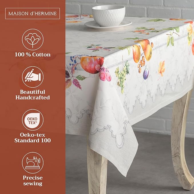 Maison d' Hermine Table Cloth Square Table 100% Cotton 54 x 54 Inches Fall Tablecloth Reusable Everyday Use for Thanksgiving Christmas Decorations Dining Farmhouse Party (Fruit D'Hiver)