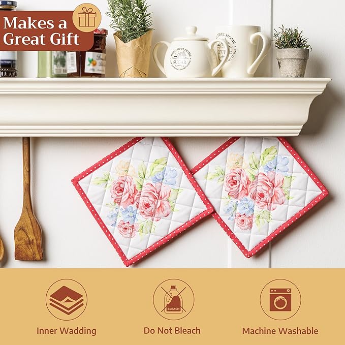 Maison d' Hermine Pot Holders Set 100% Cotton Heat Resistant Potholders 8" x 8" Hot Pads with Loop BBQ, Cooking, Baking, Grilling, Kitchen, Handling Hot Pans Spring/Summer (Pack of 2,Vintage Floral)