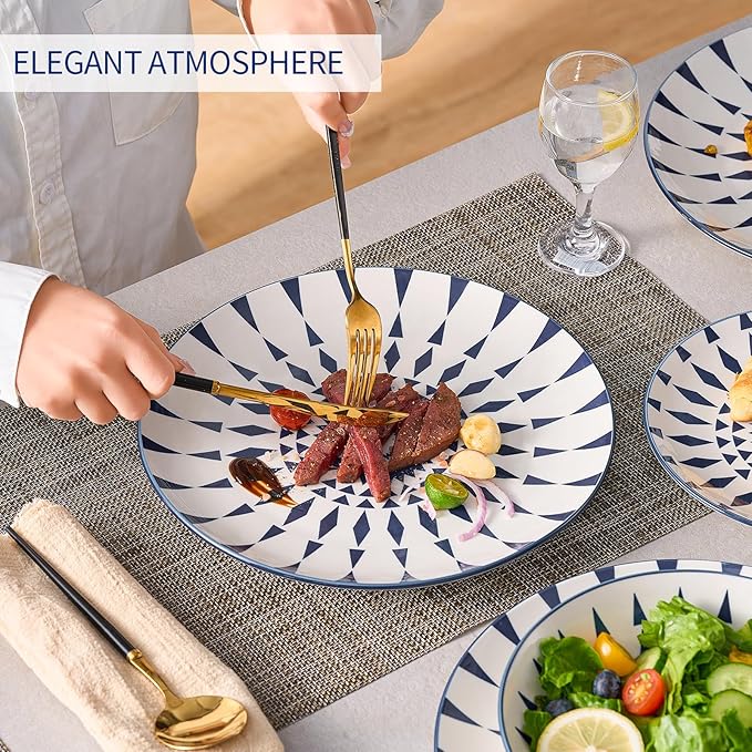 Bestone 12-Piece Round Porcelain Dinnerware Set, Service for 4, Chip Resistant Plates and Bowls,Blue, Dishwasher & Microwave Safe for Home Daily Use