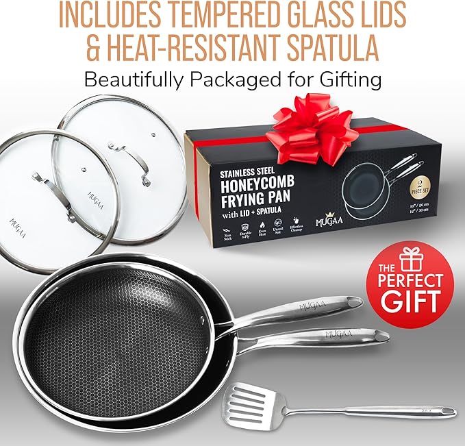 Stainless Steel Frying Pan Set, Sartenes de Acero Inoxidable 2-Piece Honeycomb Nonstick Skillets 10", 12" With Lids, Spatula, Oven & Induction Compatible, Dishwasher Safe Pan Set