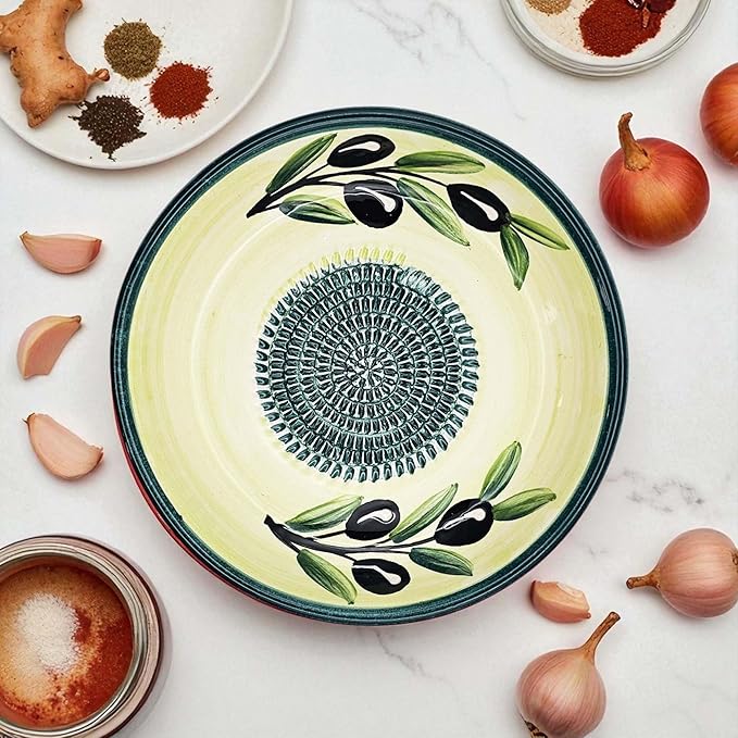 Ceramic Grater Bowl, Garlice Grater Plate, Handmade Ginger Grater, Mincer Bowl for Cheese &Vegetables, Ceramic Decorative Mincer, Hand Dish for Garlic (Sunny Olives)