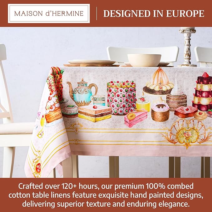 Maison d' Hermine Premium Table Cloth Rectangle Table 100% Combed Cotton 108 x 70 Inches Tablecloth Reusable Decorative for Dining Room, Farmhouse, Home, Party, Festive & Wedding - Pastries