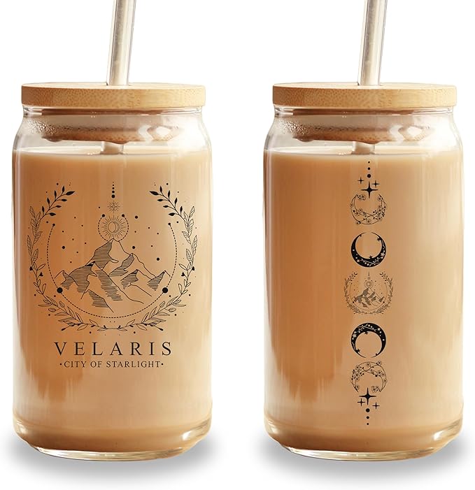 Sip Sip Hooray ACOTAR 16oz Glass Can Cup with Lid and Straw, Velaris City of Starlight Iced Coffee Tumbler, Night Court Bookish Drinkware, Dishwasher Safe Fantasy Gift for Women, To The Stars Mug