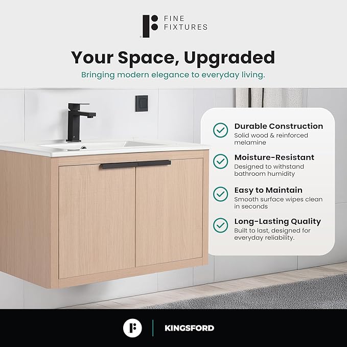 Fine Fixtures Kingsford Modern 30 Inch Bathroom Vanity with Sink, White Oak Finish, Elegant Bathroom Vanities for Modern Homes, Stylish Storage Solutions for Bathrooms