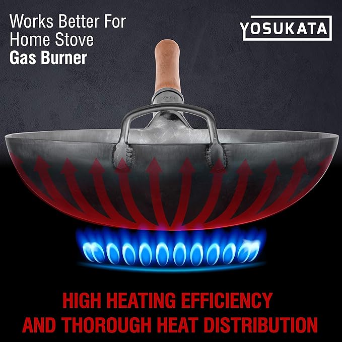 YOSUKATA Non-seasoned 14" Round-Bottom Carbon Steel Wok Pan with 17" Spatula and Ladle