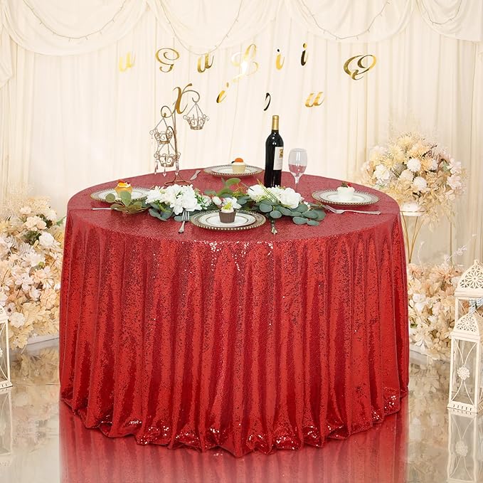 Eternal Beauty Red Tablecloth, 120 Inch Round Sequin Tablecloth for Valentines Party Cake Dessert Table Exhibition Events