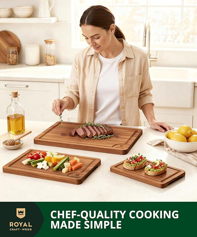 ROYAL CRAFT WOOD Bamboo Cutting Board Set – 3 Durable Wooden Cutting Boards for Kitchen Meal Prep, Charcuterie & Serving – Chopping & Butcher Block with Juice Grooves – Gift-Ready Packaging & Wood Wax