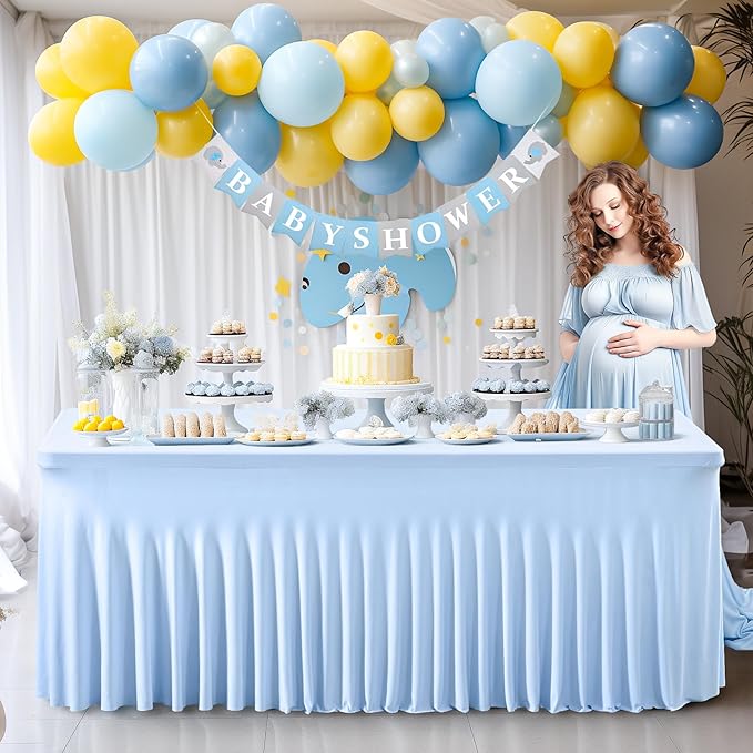 2 Pack Baby Blue Spandex Table Clothes for 8 Foot Rectangle Tables, Wrinkle Free Fitted Tablecloths Stretch Ruffles Table Cover for Party, Banquet, Wedding and Events
