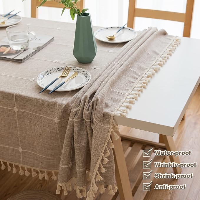Pahajim Rustic Linen Tablecloth Cotton Rectangle Table Cloth for Kitchen Dining with Tassel Plaid Waterproof Tablecloths Rectangle/Oblong,55''x79'',4-6 Seats