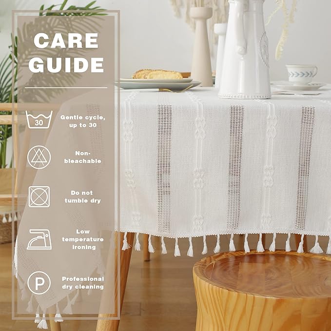 Pahajim Striped Tablecloth Rectangle with Tassels Thick Linen Cotton Table Cloth for Outdoor Picnic Dining and Holiday Kitchen Decor Rectangle/Oblong,55''x102'', 8-10 Seats