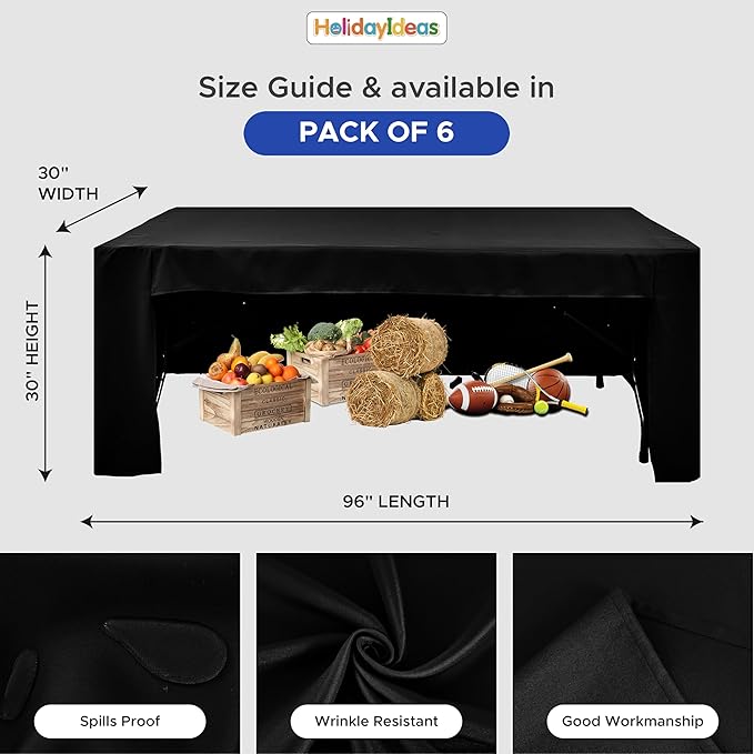 HolidayIdeas Black Open Back Fitted Rectangle Tableclothss for 8 Ft Table, 3-Sided Table Covers 96x30 Inch for Craft Fairs, Banquets, Trade Show Display, Black,6 Pcs