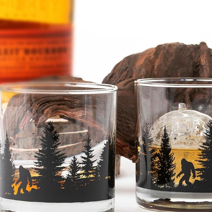 Black Lantern Whiskey Glasses - Unique Themed Cocktail & Everyday Use Drinking Glasses, Perfect for Outdoor Enthusiasts & Nature Lovers - (One 11oz. Glass) (Bigfoot in the Forest)
