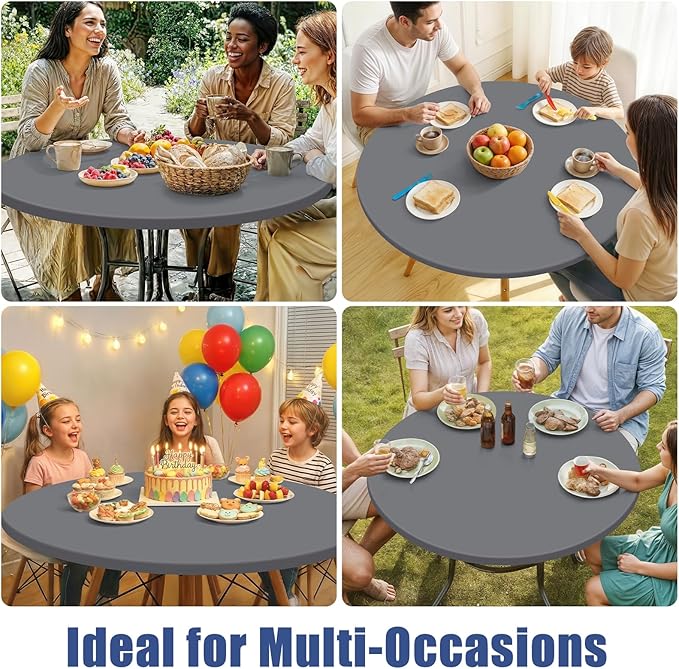 Round Spandex Tablecloth, Elastic Fitted Waterproof Tablecloths for 45"-56" Tables, Stretch Washable Picnic Table Cover for Camping, Dining, Indoor and Outdoor, Grey