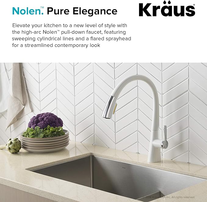 Kraus KPF-1673CHWH Nolen Dual Function Pull, Faucets for Kitchen Sinks, Single-Handle, 16 3/8 Inch, Matte White/Chrome