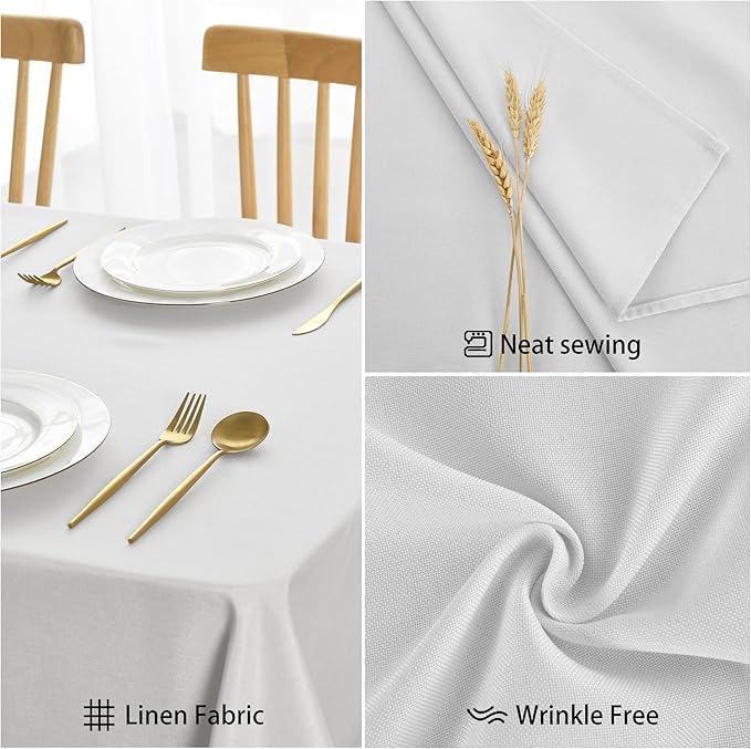 JIUZHEN Faux Linen Rectangle Tablecloth, Wrinkle Stain Resistant Farmhouse Textured Table Cloth Decorative Fabric for Kitchen, Dining, Party, Wedding,Outdoor Use,90 x 132 Inch,White