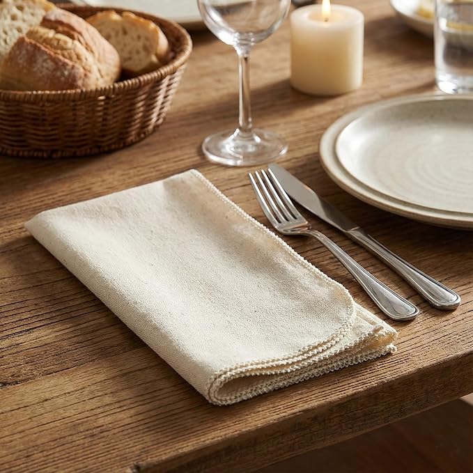 Lightnpro Cotton Flax Napkins Set of 12, Dinner Cloth Napkins with Pico Cut Edges, Washable and Reusable for Dining, Parties, Weddings, Holiday & Everyday Use - 18x18 Inch Natural Color