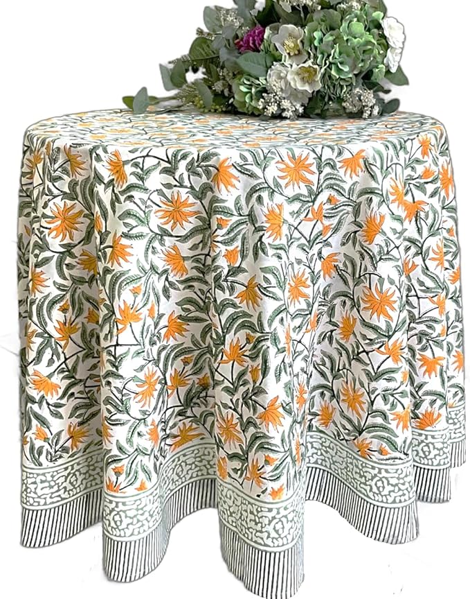 ATOSII Noor 100% Cotton Round Tablecloth, Handblock Print Floral Table Cloth for Kitchen Dining Linen I Parties, Weddings, Outdoors, Spring Summer Decor I 72" Inches Round