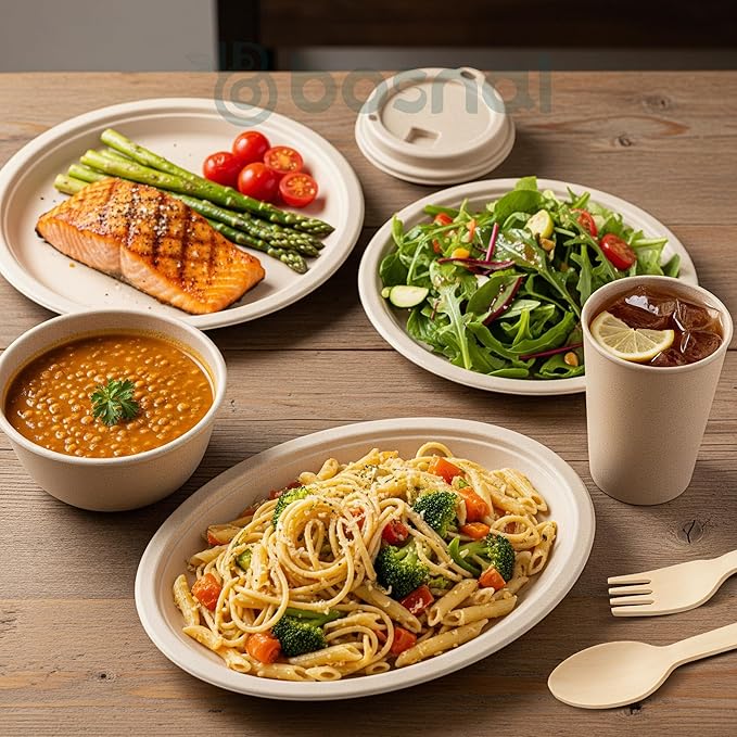 BOSNAL 10 inch & 7 inch Round Plates, 10 inch Oval Plates, 32 oz Bowls & 8 oz Cups with Lidss & Cutlery – 100% Plant-Based Bagasse, Eco-Friendly, Compostable, Microwave Safe, Durable Dinnerware Set