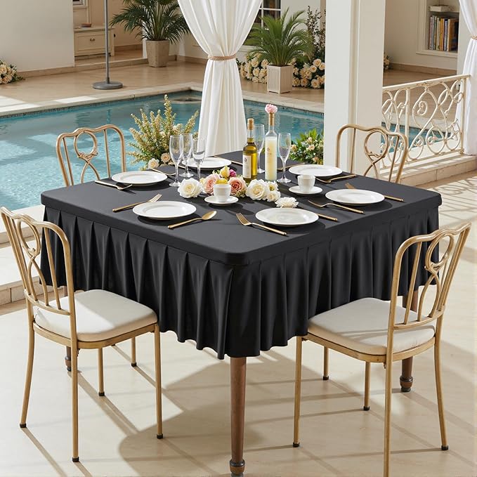 Wish Care 2 Pack Black Spandex Tablecloths for 48x48 Inch Square Tables, Stretch Fitted Table Clothes with Pleated Ruffle Skirt for 48” Table, Wrinkle Free and Elastic, for Party Kitchen Home Dining