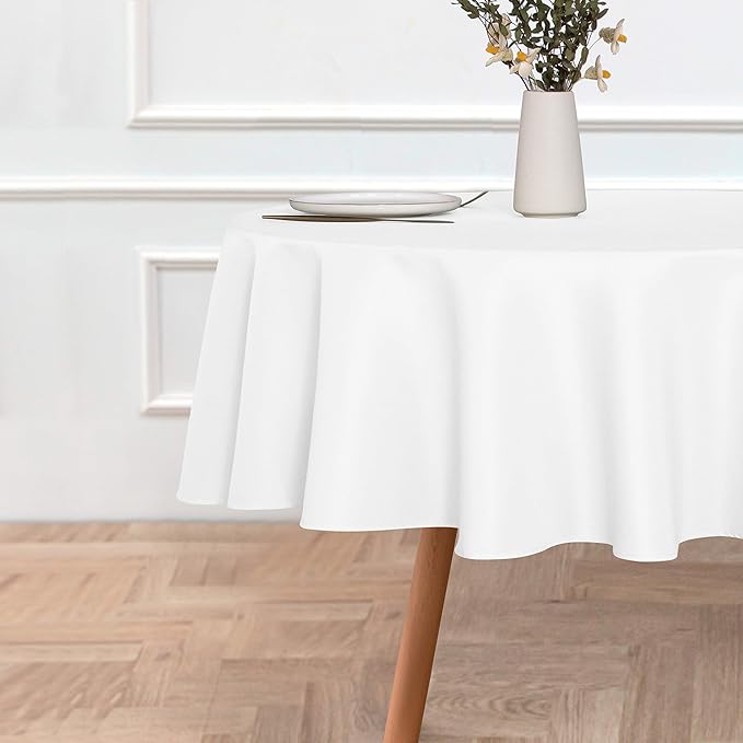 sancua 60 Inch Round Tablecloth (Fits 20-48 Inch Tables), Water Resistant Spill Proof Washable Polyester Table Cloth Decorative Fabric Table Cover for Dining, Buffet Parties and Camping, White
