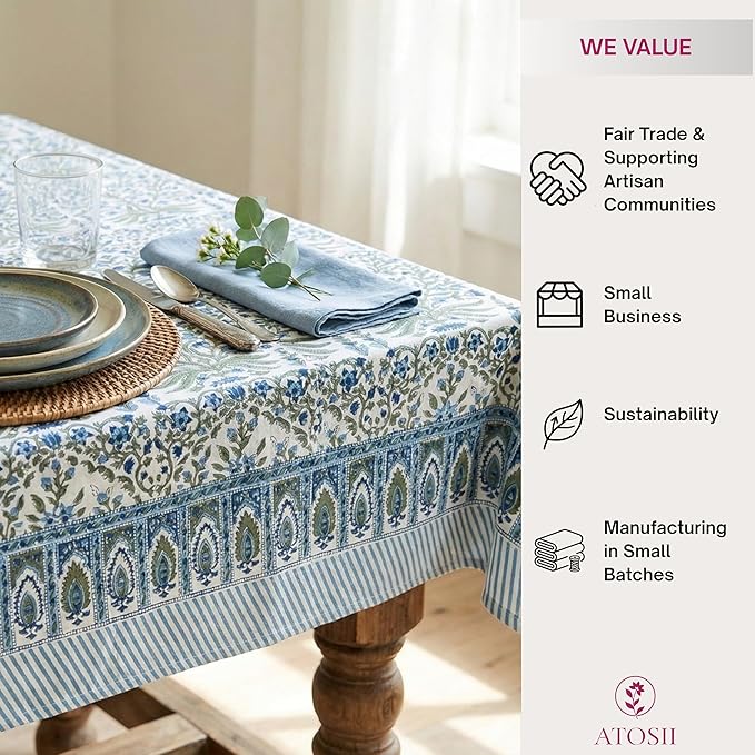 ATOSII Nargis Blue 100% Cotton Rectangle Summer Tablecloth, Indian Block Print Floral Table Cloth I Dining Parties Weddings Outdoors Holidays 60 X 90 Inches 6 Seater I Grandmillennial Farmhouse Boho
