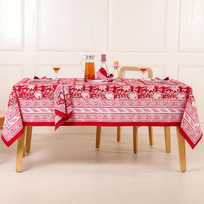 Hand Block Printed Table Cover - Exquisite Design, Premium Cotton Fabric, Perfect for Dining and Decor, Dining Table Linen(Cherry Red,14 Seater 72 x 160 Inches Rectangle)