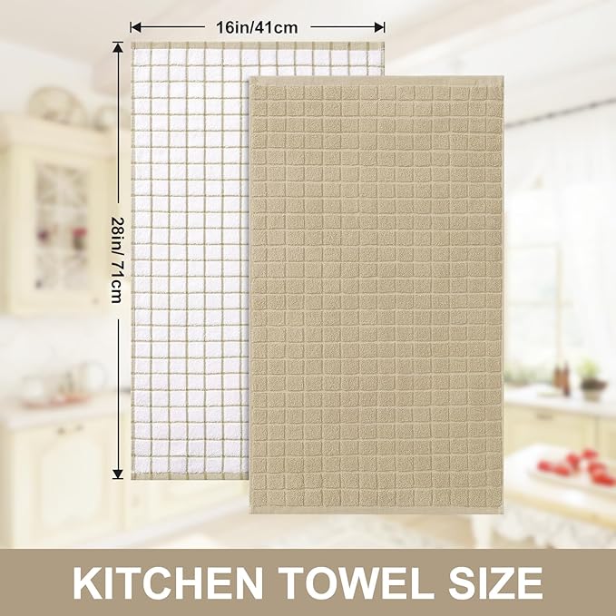 Homaxy Premium Cotton Kitchen Towels 16"x 28", Large Natural Ring Spun 390 GSM Dish Towels, Super Absorbent Terry Kitchen Hand Towels, Soft Tea Towels with Hanging Loop, Tan Check Design, 12 Pack