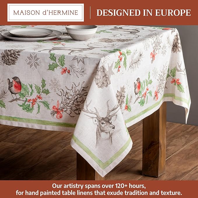 Maison d' Hermine Table Cloth Rectangle Table 100% Cotton 60 x 108 Inches Fall Tablecloth Reusable Everyday Use for Thanksgiving Christmas Decorations Dining Farmhouse Party (Christmas Dew)