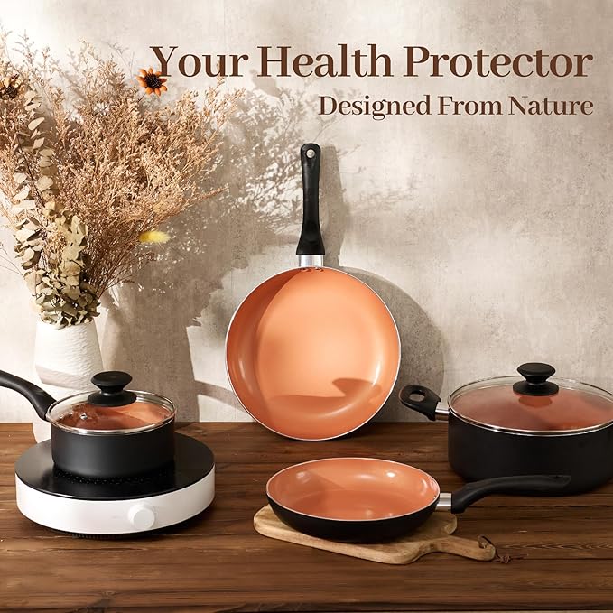 8pcs Gold Ceramic Pots and Pans Set, Cooking Pan Set,Cooking Pot Set Ceramic Pan Set, Nonstick Cookware Set, Induction Safe Kitchen Cooking Set with Frying Pans, Saucepans, shovel and Ladle