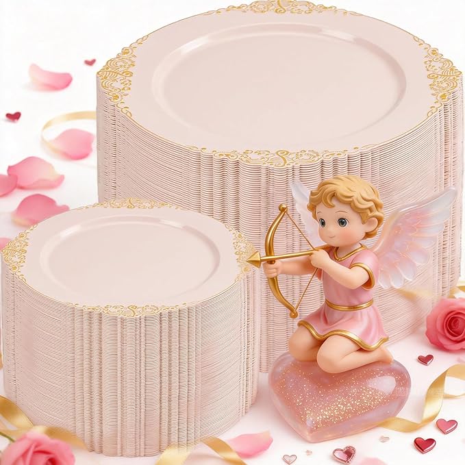 200PCS Pink and Gold Plates - Pink Plastic Plates - Fancy Disposable Plate with Gold Rim - Vintage Wedding Dinner & Dessert Plate for 100 Guests for Wedding & Valentine's Day & Bridal Shower