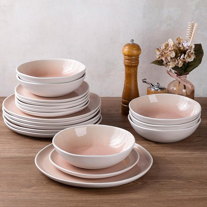 AmorArc Ceramic Dinnerware Sets,Handmade Reactive Glaze Stoneware Plates and Bowls Sets,Highly Scratch Resistant | Dishwasher & Microwave Safe Dishes Set,Service for 6 (18pc)-Pink