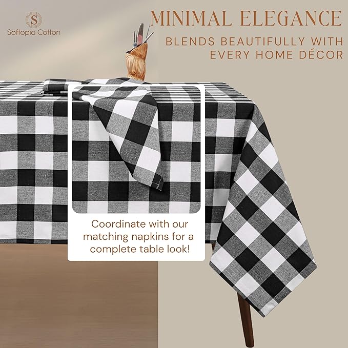 Buffalo Plaid Check 60"x84" Tablecloth 100% Cotton Washable Rustic Rectangle Table Cover Decorative for Gifts, Dining, BBQ, Buffet Parties & Camping - Black
