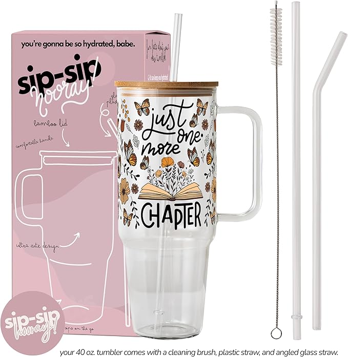 Sip-Sip Hooray! Just One More Chapter 40oz Glass Tumbler with Lid and Straw Book Lover Gift Aesthetic Iced Coffee Cup Large Handmade Reader Drinkware for Booktok and Readers
