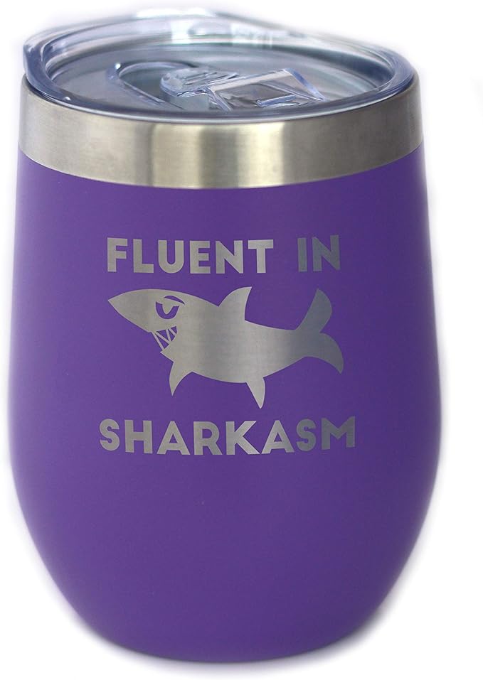 Bevvee Fluent in Sharkasm - Funny Shark Wine Tumbler Glass with Sliding Lid - Stainless Steel Insulated Mug - Cute Shark Decor Gifts - Purple