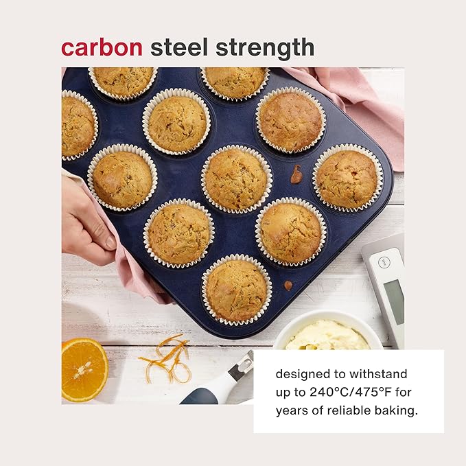 Zyliss E980200 Non-Stick 12 Hole Muffin Tin | Carbon Steel | Dark Blue | Baking Tins/Yorkshire Puddings/Mini Cake/Small Cakes | Dishwasher Safe | 5 Year Guarantee