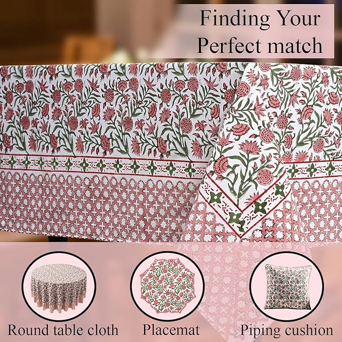 CPC Tablecloth 100% Cotton 60x90 Inch Indian Block Print Rectangle Table Cover, Washable Table Cloth for Weddings, Spring/Summer, Barbeque -Red Garnet