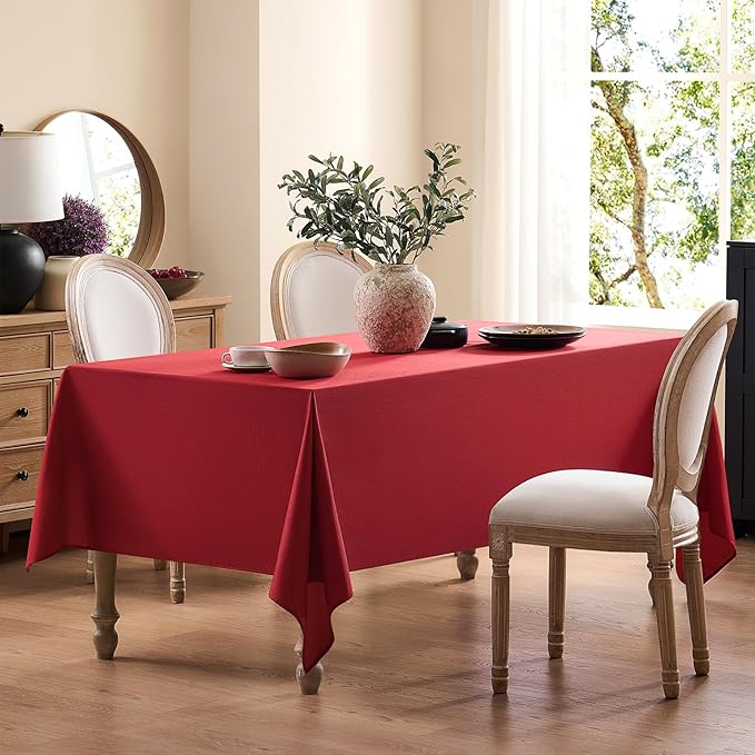 Faux Linen Tablecloths for Rectangle Tables, Burlap Textured Table Cloths Washable Farmhouse Table Cover Water Resistant for Dining, Wedding, Outdoor(Red, 60"×104")