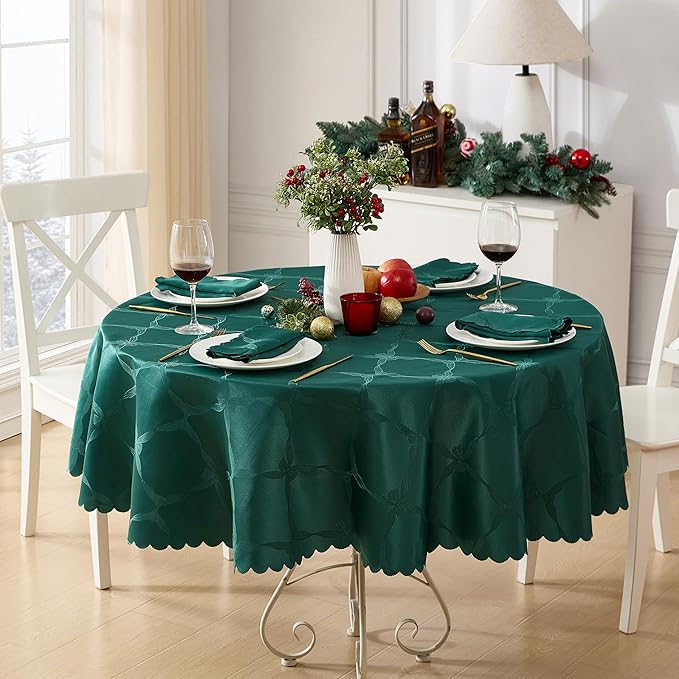 Newbridge Round Tablecloth, 70 Inch, Spring and Easter Ribbons and Bows Damask, Wrinkle and Stain Resistant Fabric Table Cloth, Holiday Evergreen