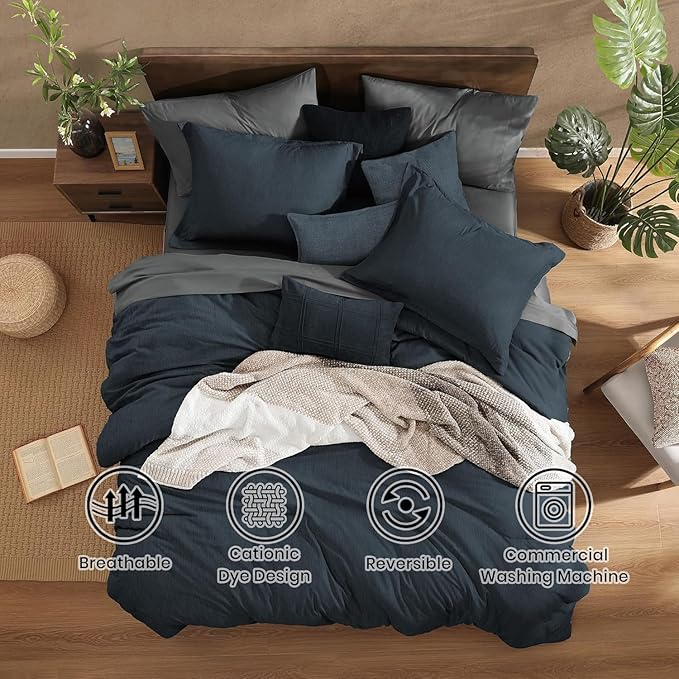 Monbix California King Comforter Set - 7 Pieces Cationic Dyeing Navy Blue Bed in a Bag Cal King Bedding Sets with Comforter, Sheets, Pillowcases & Shams, Reversible Bedding Comforters Sets