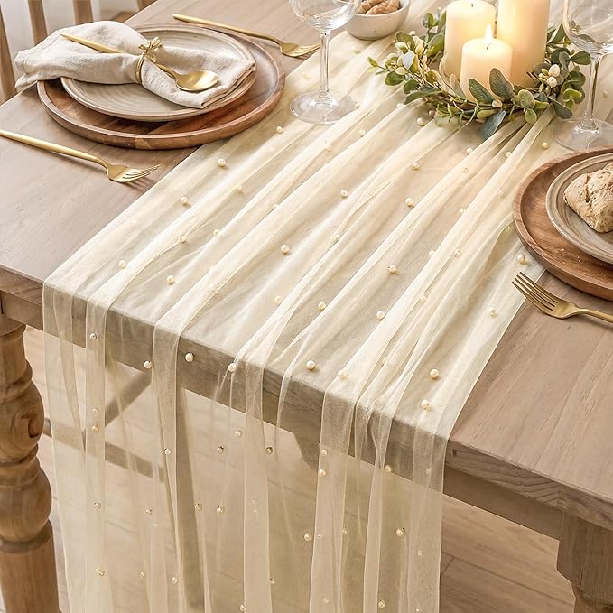 Artoid Mode Pearl Champine Gauze Table Runner 120 Inch 10FT, Seasonal Sheer Dining Holiday Wedding Birthday Baby Shower Table Decor for Home Party