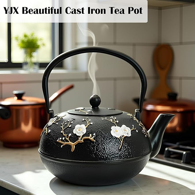 YJX 60.9oz Large Cast Iron Teapot for Stovetop, Japanese Tetsubin, Heavy and Durable Tea Pot, Tea Kettle with Stainless Steel Infuser for Loose Tea, Floral Pattern(1800ML)