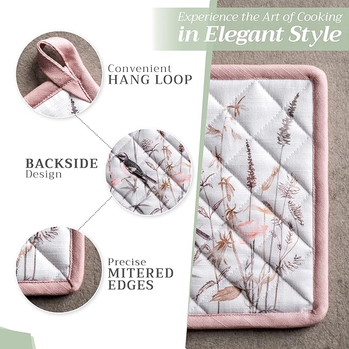 Maison d' Hermine 100% Cotton Oven Mitt & Pot Holder Set (7.5"x13" & 8"x8") Heat Resistant BBQ Cooking Gloves with Loop, Grilling, Kitchen, Handling Hot Pans Spring/Summer (Meadow Florals - Brown)