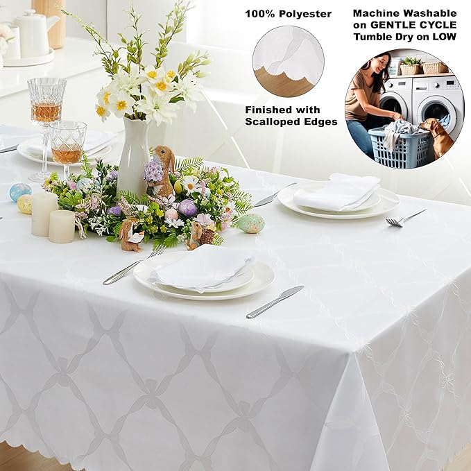 Newbridge Ribbons and Bows Damask Spring & Easter Holiday Fabric Tablecloth, White, 60 x 84 Inch Rectangle, Wrinkle & Stain Resistant Table Cover